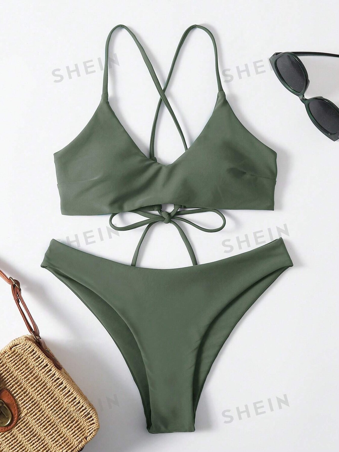 

Купальник женский Shein Swim Basics с лямками на спине, зеленый