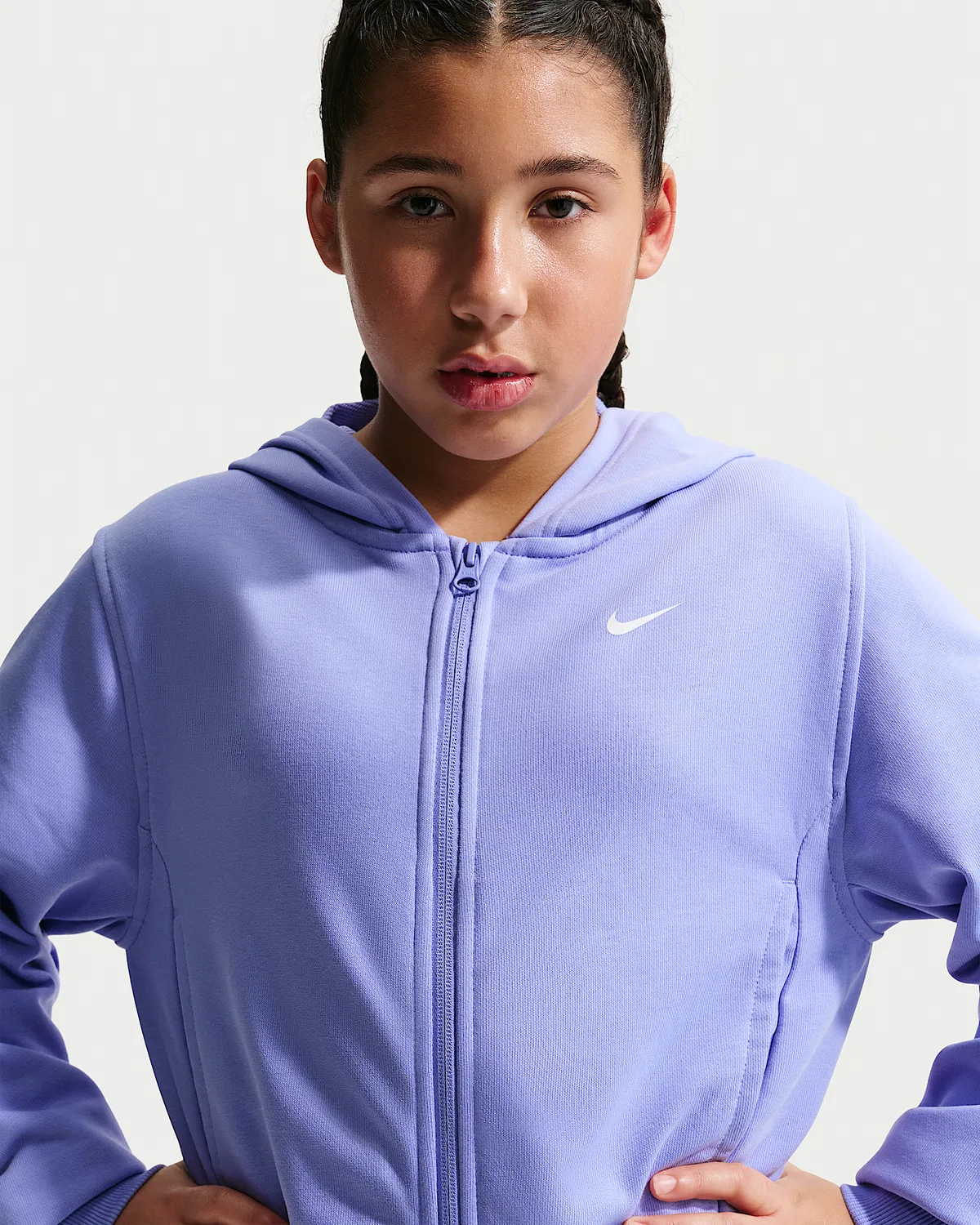 Детская (девичья) флисовая кофта Nike Pro Fleece Dri-FIT на молнии, Light Thistle/Light Thistle/Black/White — фото 3