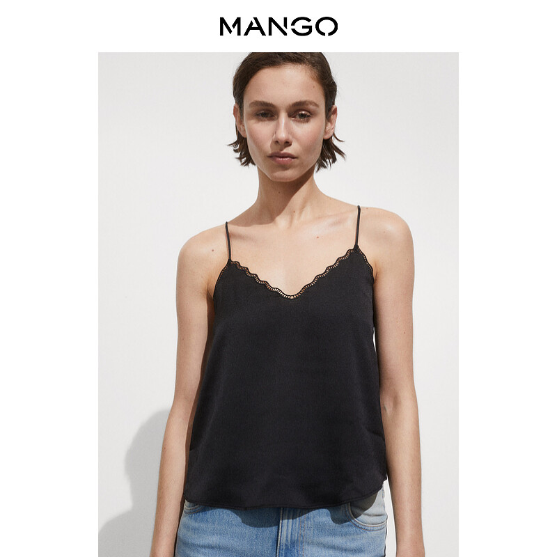 

Женская майка Mango атласная без рукавов с кружевным вырезом, черный