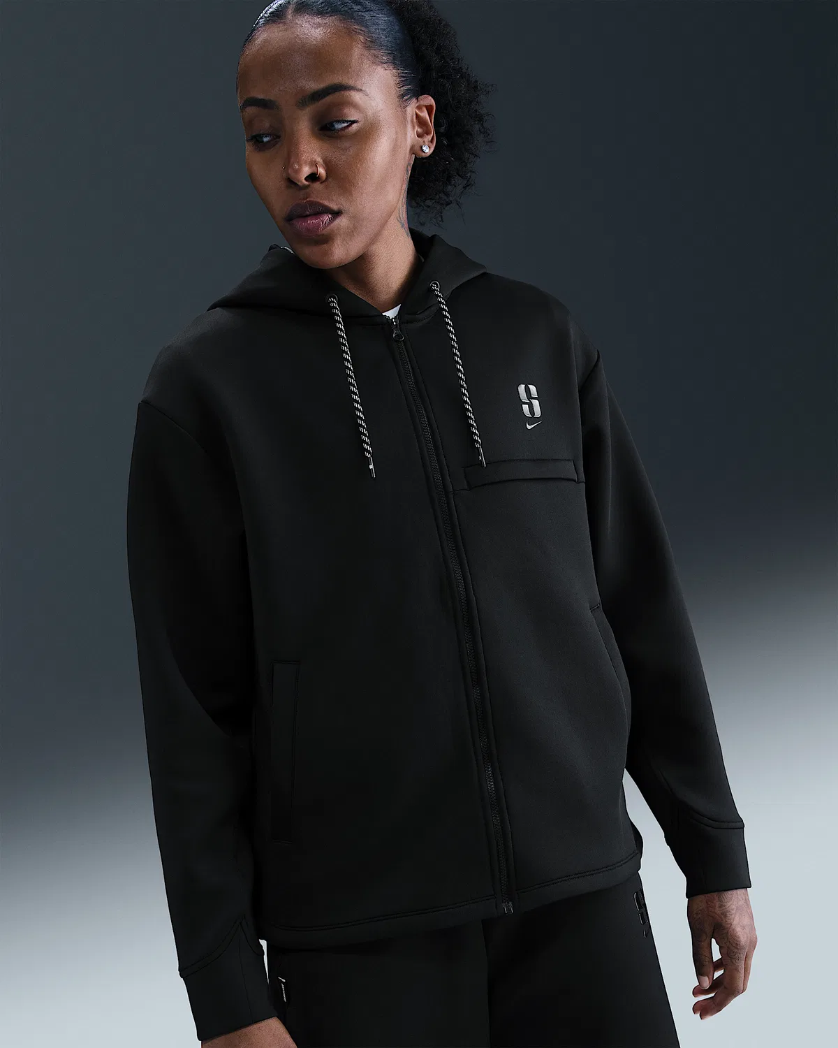 Dri-FIT Loose Full-Zip Basketball Hoodie Sabrina, Black/Black/Black