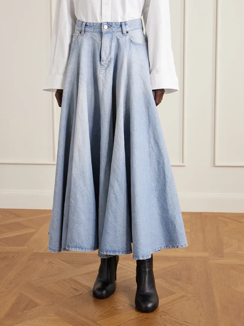 Джинсовая юбка-макси со вставками Годе BALENCIAGA, голубой — фото 3