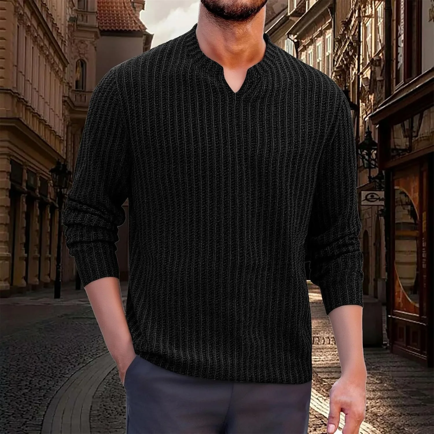 Футболка с длинным рукавом для мужчин Ribbed Textured Casual Stretch Pullover Shirt — фото 2
