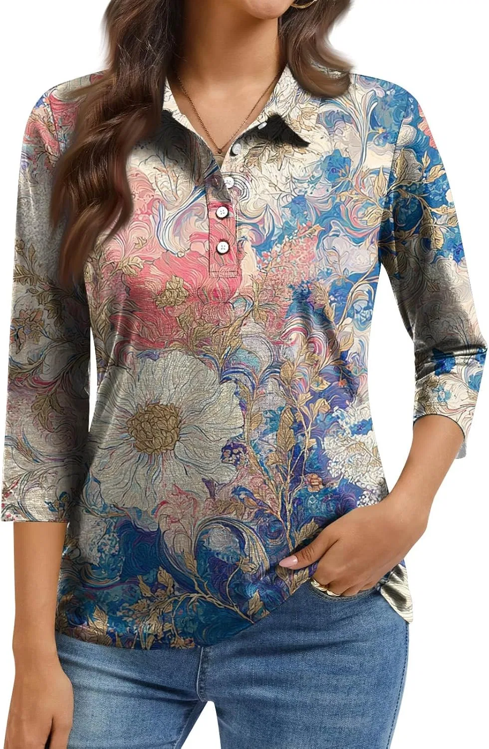 Блуза женская с воротником, 3/4 рукав, Plus Size, Sky Blue