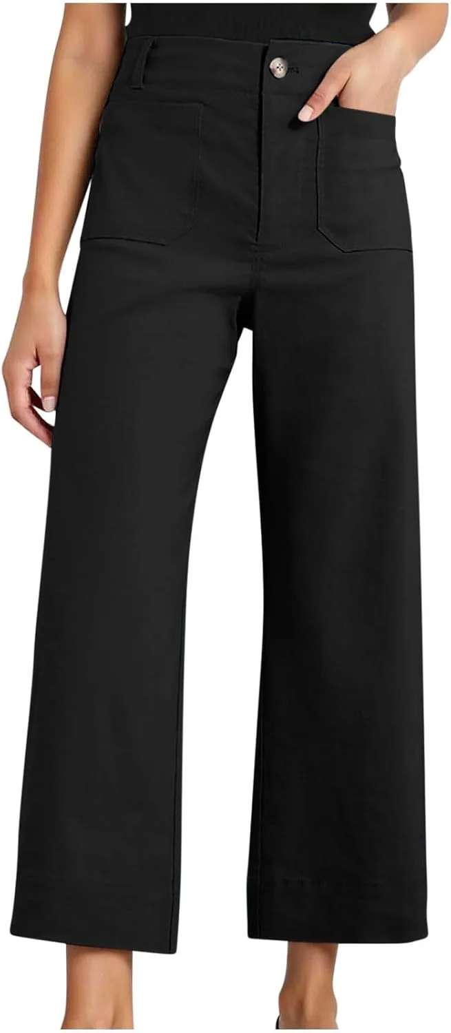 

Высокие широкие брюки для женщин Casual Flare Cropped Denim Stretchy Baggy с накладными карманами Floleo