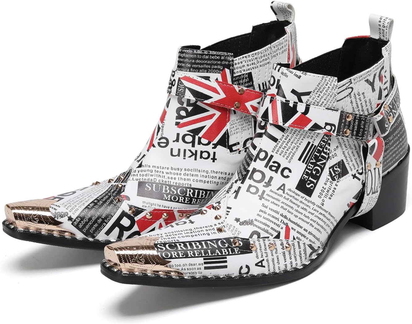 

Мужские ковбойские ботинки Santimon с газетным принтом- настоящая кожаная модель Челси с графикой Юнион Джек и металлическими заклепками на носке для повседневных вечеринок и баров, белый/черный