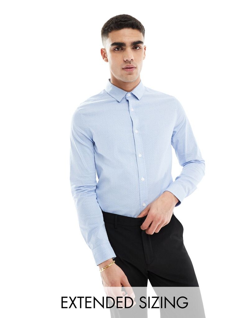 

Синяя узкая рубашка в микро клетку ASOS DESIGN