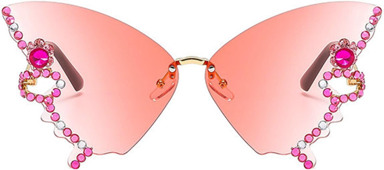 

Willochra Женские солнцезащитные очки без оправы Модные солнцезащитные очки с бабочками и бриллиантами Многоугольная безрамочная модель для вечеринок «кошачий глаз», Pink