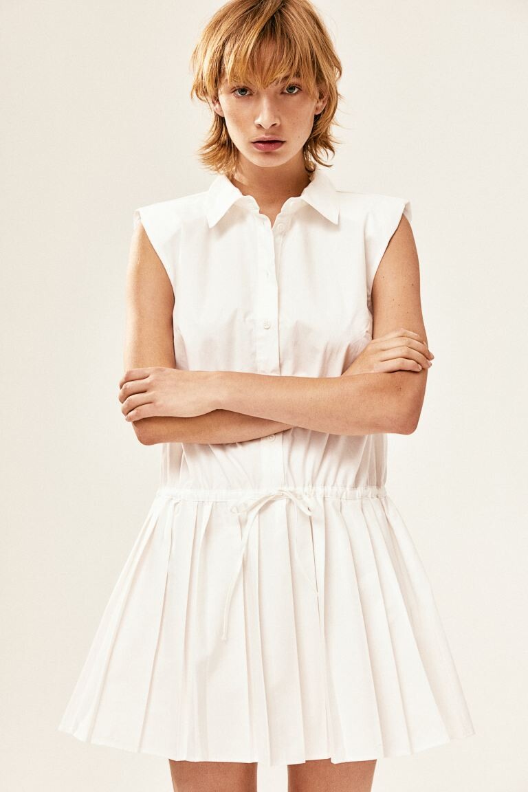 

Платье с подплечниками и плиссированной юбкой H&M, бежевый