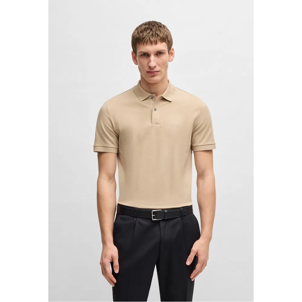 Мужская футболка-поло Boss Signature Pique Regular Fit, светло-бежевая — фото 4