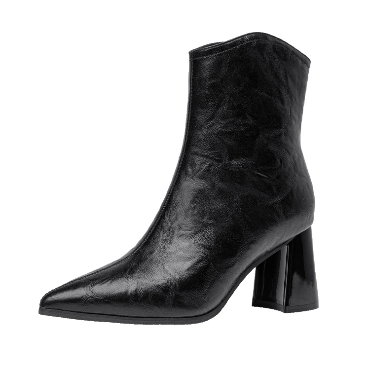 GUDIANFENGDU Черные женские полусапожки на каблуке 7 см с утеплением, цвет Black (Padded)