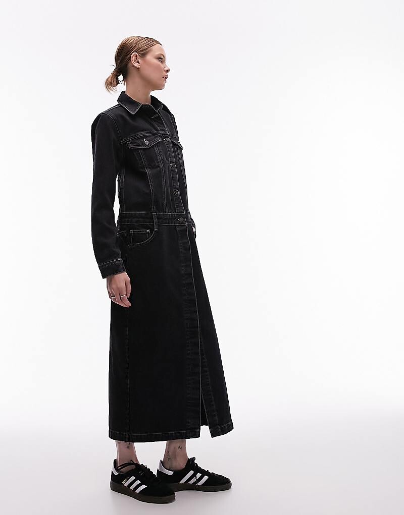 

Topshop — длинное платье из стираного черного денима с пуговицами