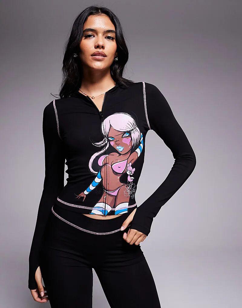 

Толстовка с капюшоном I.AM.GIA x Fafi Blare Fafinettes с контрастной строчкой, графическим логотипом и стразами, на молнии, черного цвета