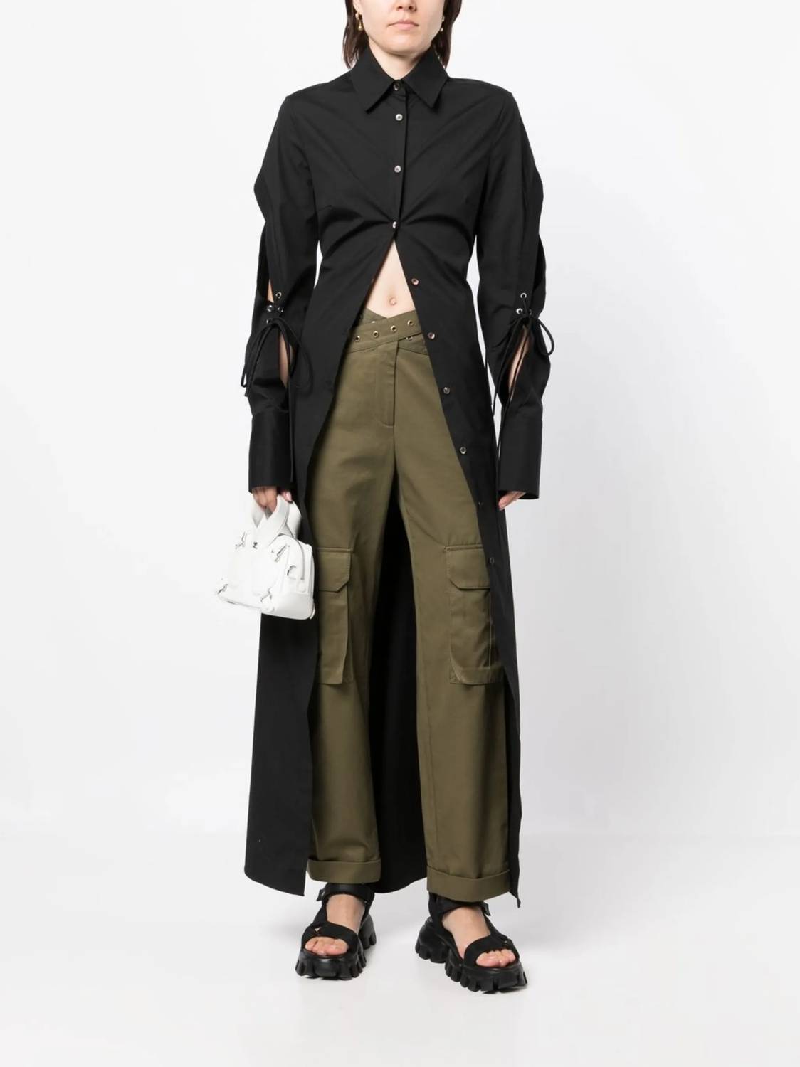 

Длинная хлопковая рубашка с ажурными вырезами в черном цвете Monse