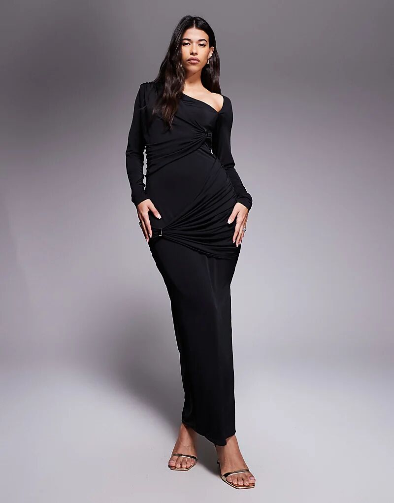 

Платье макси-костюма Ruched & Ready со скульптурным асимметричным вырезом и золотой фурнитурой черного цвета