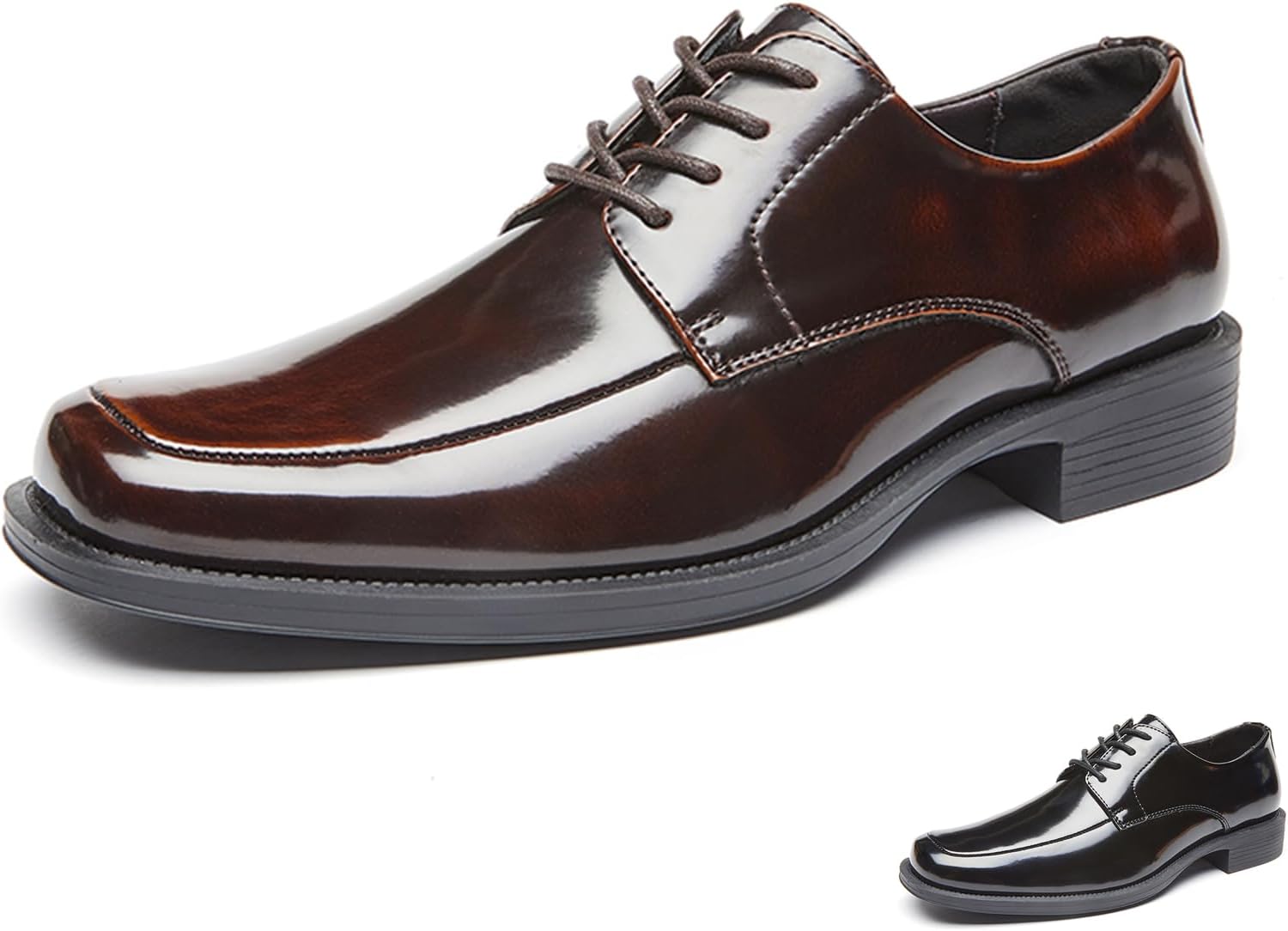 

Мужские классические оксфорды из лаковой кожи с квадратным носком, модные, блестящие, низкие, на шнуровке, дерби, для бизнеса, офиса, свадьбы и официальных мероприятий Oxneuhg, коричневый