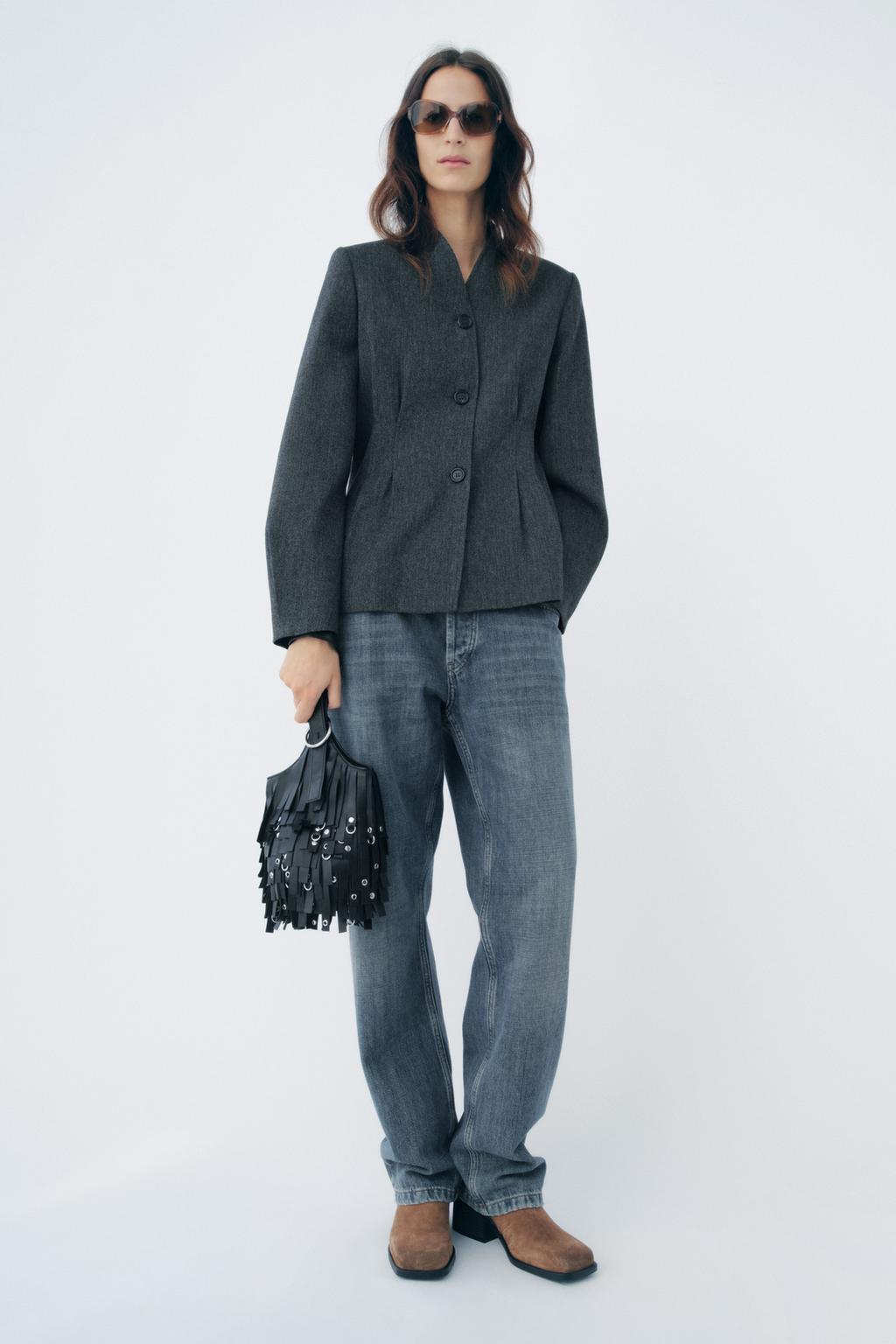 

Кожаная сумка-ведро с бахромой ZARA, черный