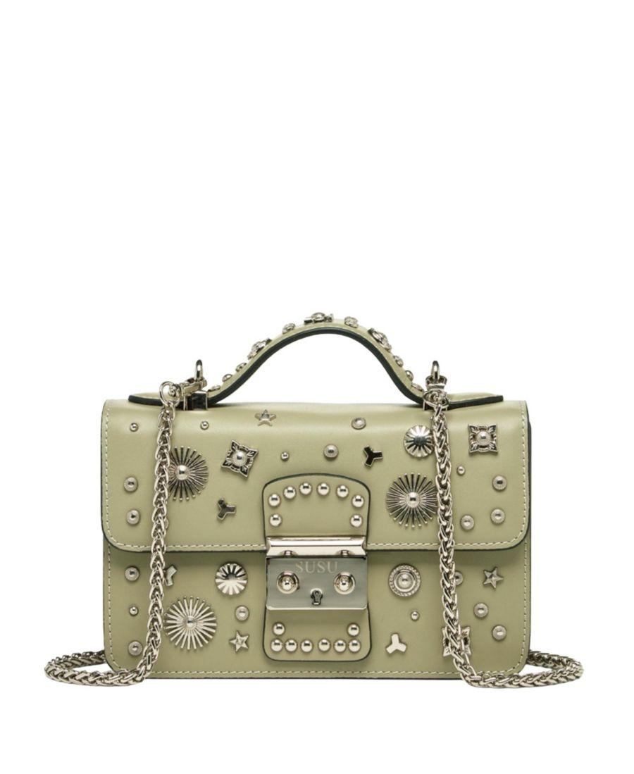 

Маленькая кожаная сумка через плечо, украшенная заклепками, с верхней ручкой, структурированная сумка SUSU, Sage green/vintage pistachio