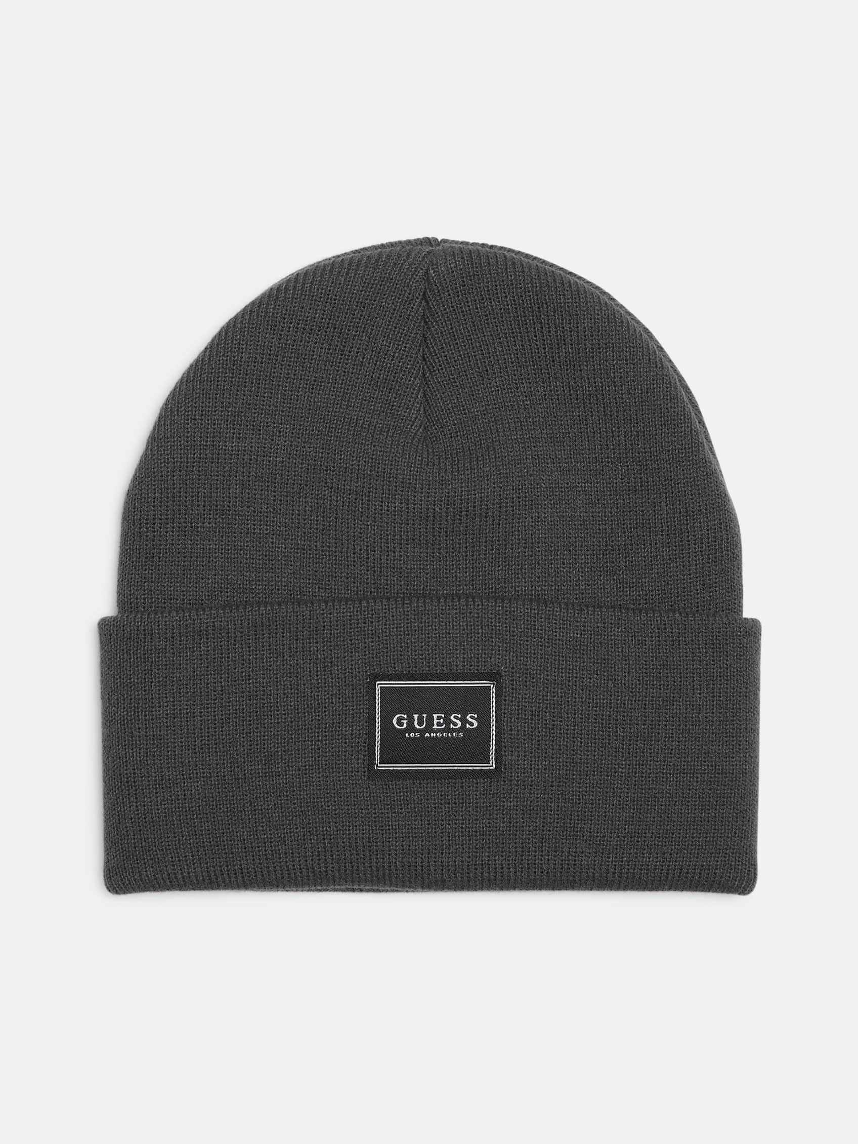 

Шапка-бини с нашивкой-логотипом в рубчик Guess Factory, цвет charcoal