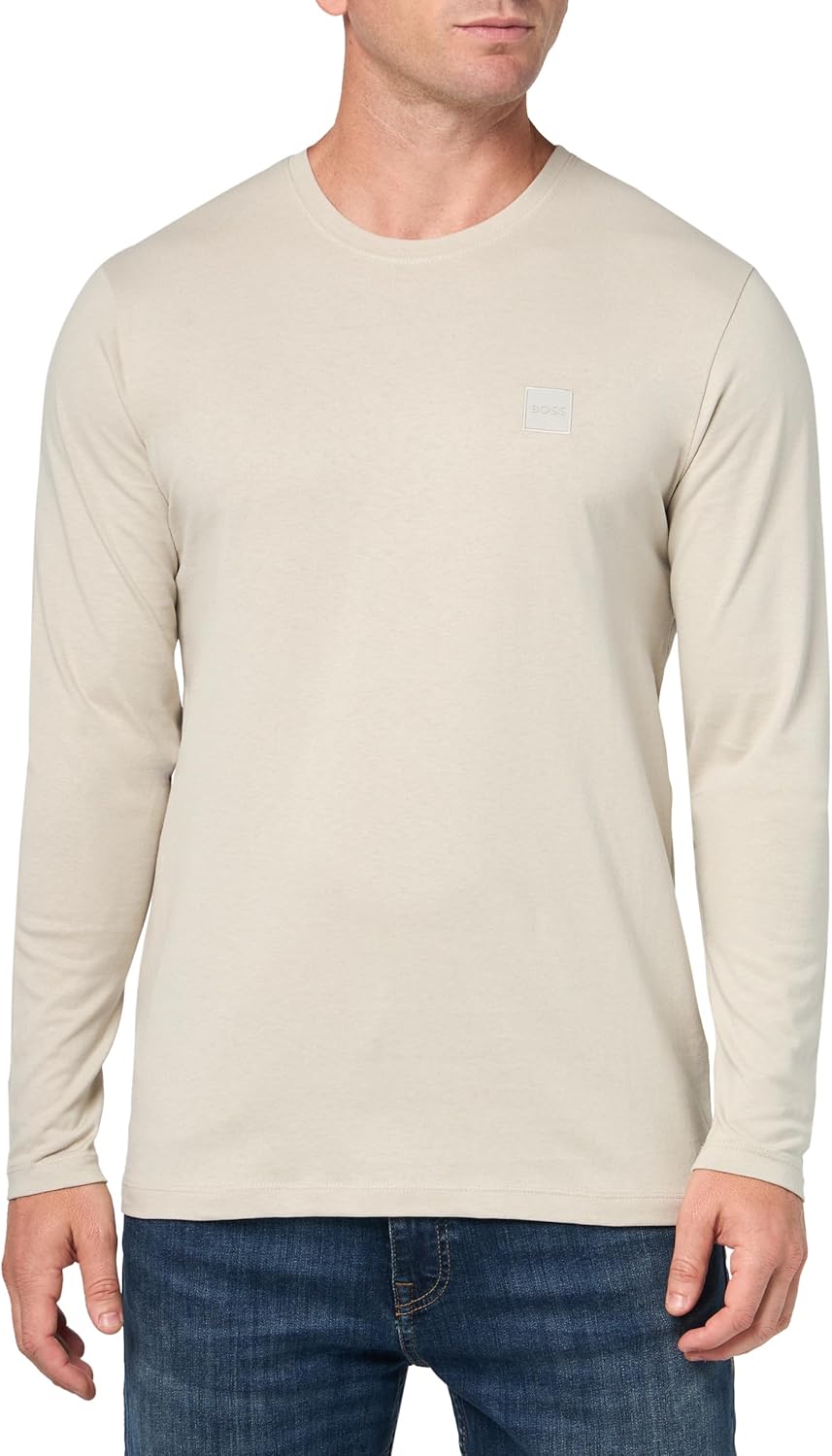 

BOSS Мужская футболка с длинным рукавом и маленьким квадратным логотипом, Dessert Beige