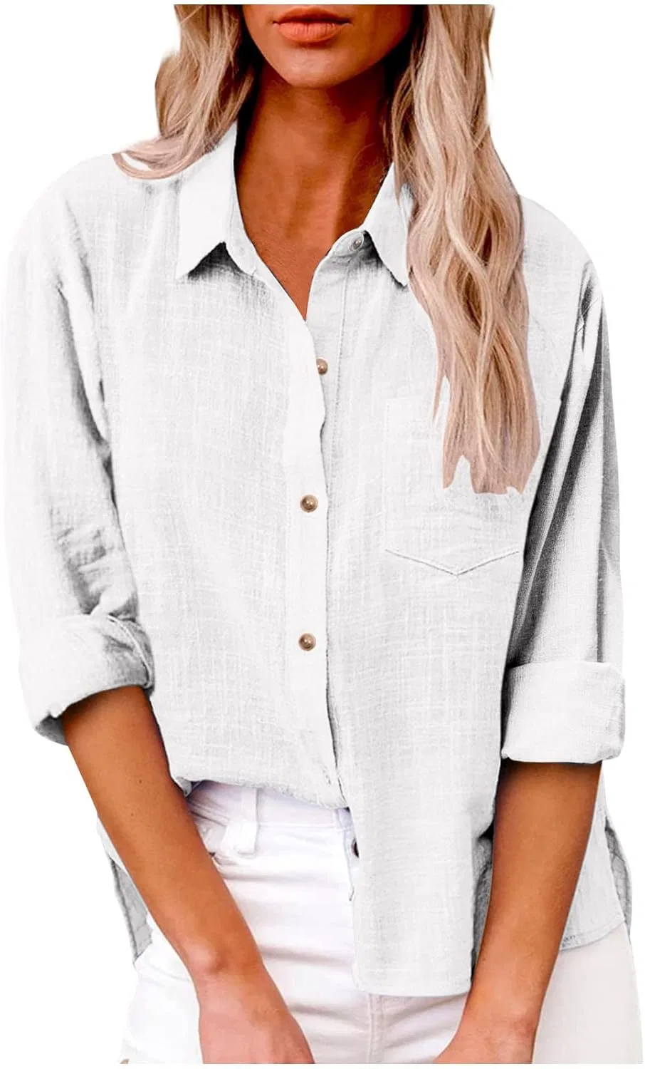 Блуза с длинным рукавом, cotton-linen, белая