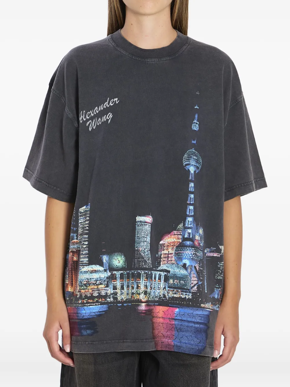 

Футболка с принтом, украшенная стразами Alexander Wang, серый