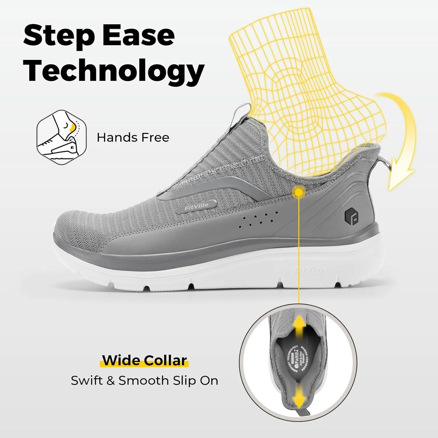 Мужские слипоны FitVille StepEase V2, обувь для ходьбы, очень широкие, легкие, спортивные, кроссовки, удобные, Lightgrey — фото 4