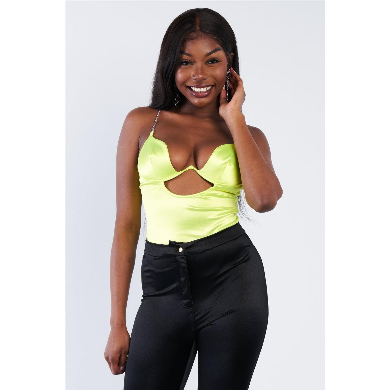 

Шелковая цепочка Спагетти-бретелька Высокий стринги Боди с вырезом по центру FASHNZFAB, желтый