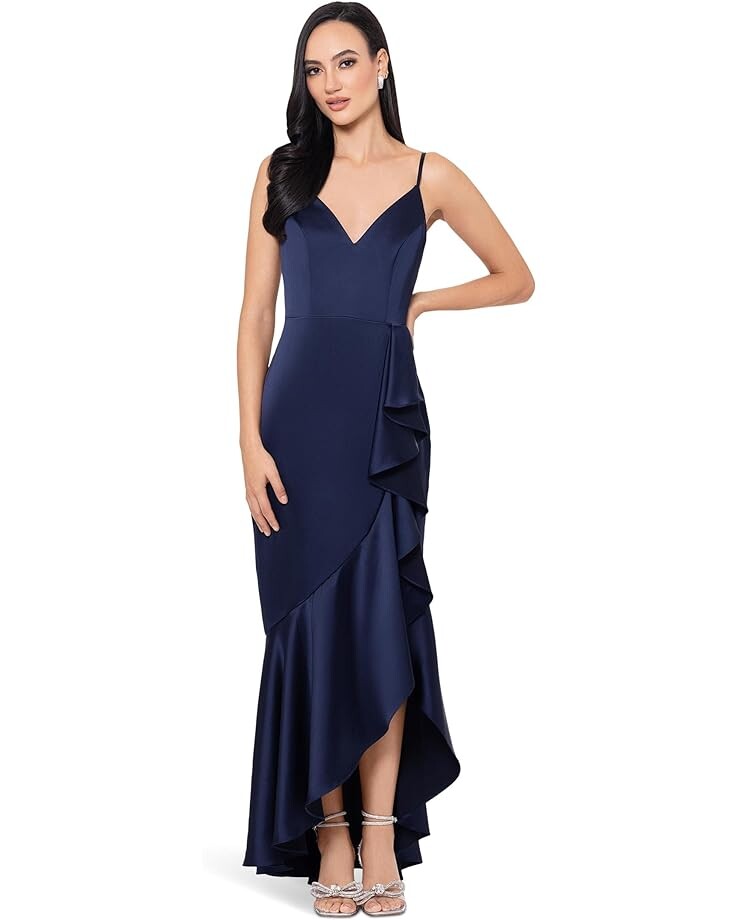 

Платье XSCAPE Satin With A Fun Side Ruffle Makes For A Flattering Yet Elegant, темно-синий