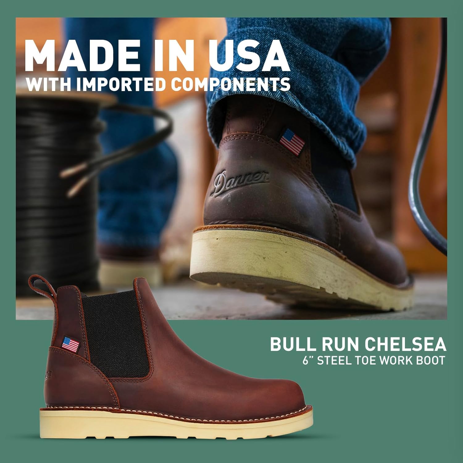 Рабочие ботинки Danner Bull Run 6 Chelsea со стальным носком для мужчин - из натуральной кожи, с масло- и противоскользящей подошвой на танкетке, устойчивы к воздействию окружающей среды и изготовлены в США, коричневый — фото 2