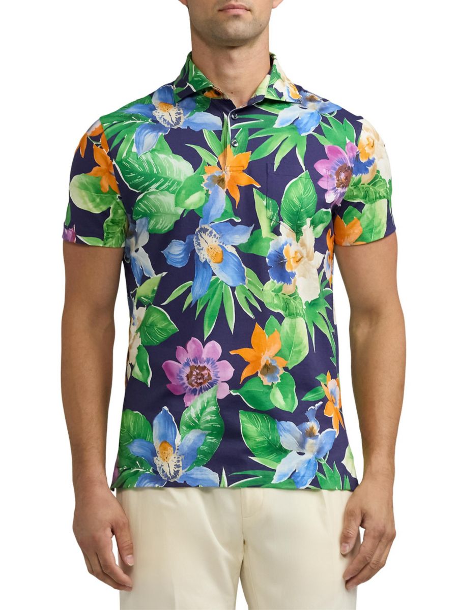

Роскошная рубашка-поло с принтом из джерси Ralph Lauren Purple Label, цвет Delray Tropical Floral Navy