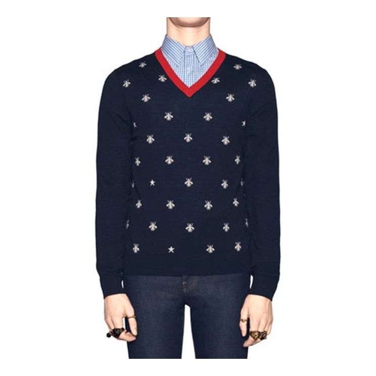 

Свитер Gucci Bee Print V-Neck Sweater For Men Navy 431749-X1311-4696, синий