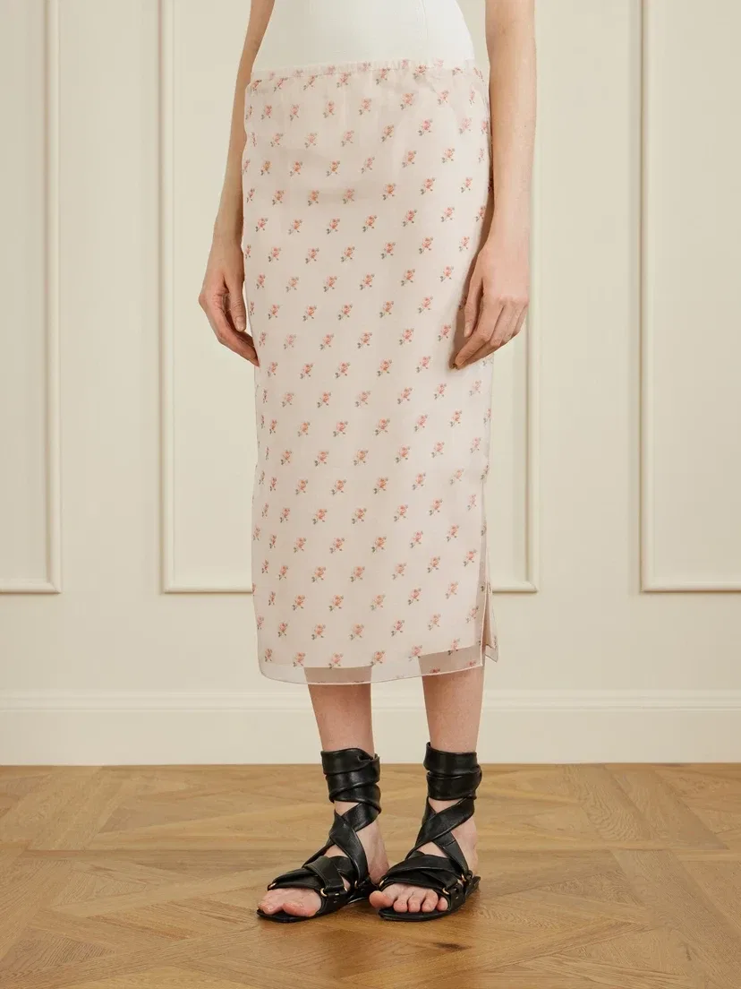 Юбка миди Sydni из шелковой органзы с цветочным принтом KHAITE, розовый — фото 3
