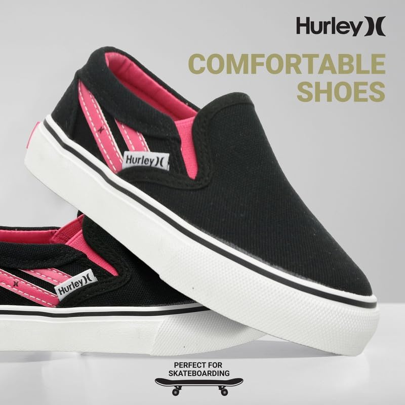 Детские слипоны Hurley из холщовой ткани - низкие кеды для скейтбординга для детей, спортивная обувь для мальчиков и девочек, повседневные кроссовки, черный/розовый — фото 3