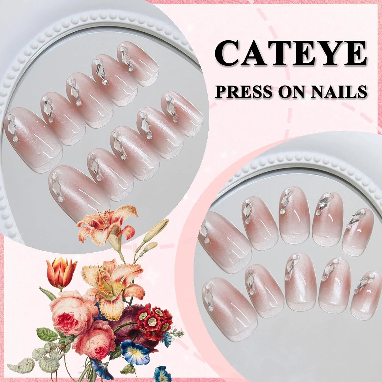 Накладные ногти «кошачий глаз» овальные, 30 штук Virellay, Nude Rhinestone — фото 3
