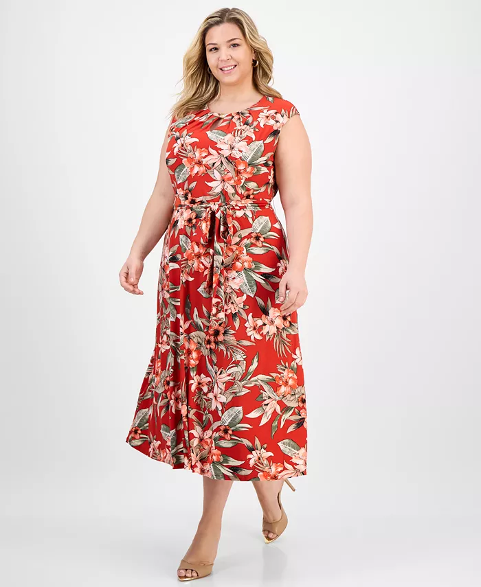 

Плиссированное платье миди с поясом и вырезом-замочной скважиной Plus Size Kasper, оранжевый
