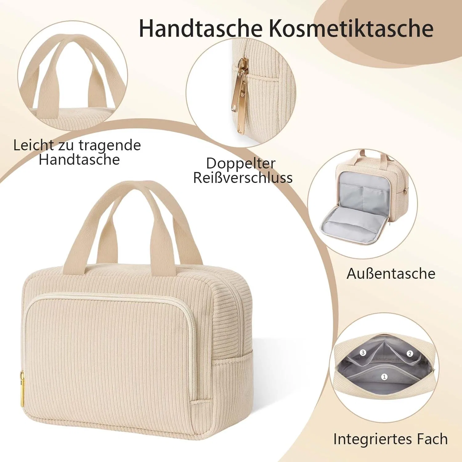 Женская косметичка из вельвета, 2 шт. Hiqiku, Beige — фото 3