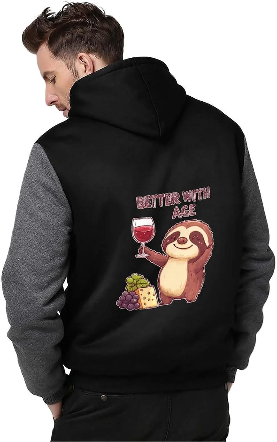 Толстовка Better with Age Wine Cheese Sloth, мужская, утепленная, из плотного флиса, с карманами, для зимы Generic, серый — фото 2