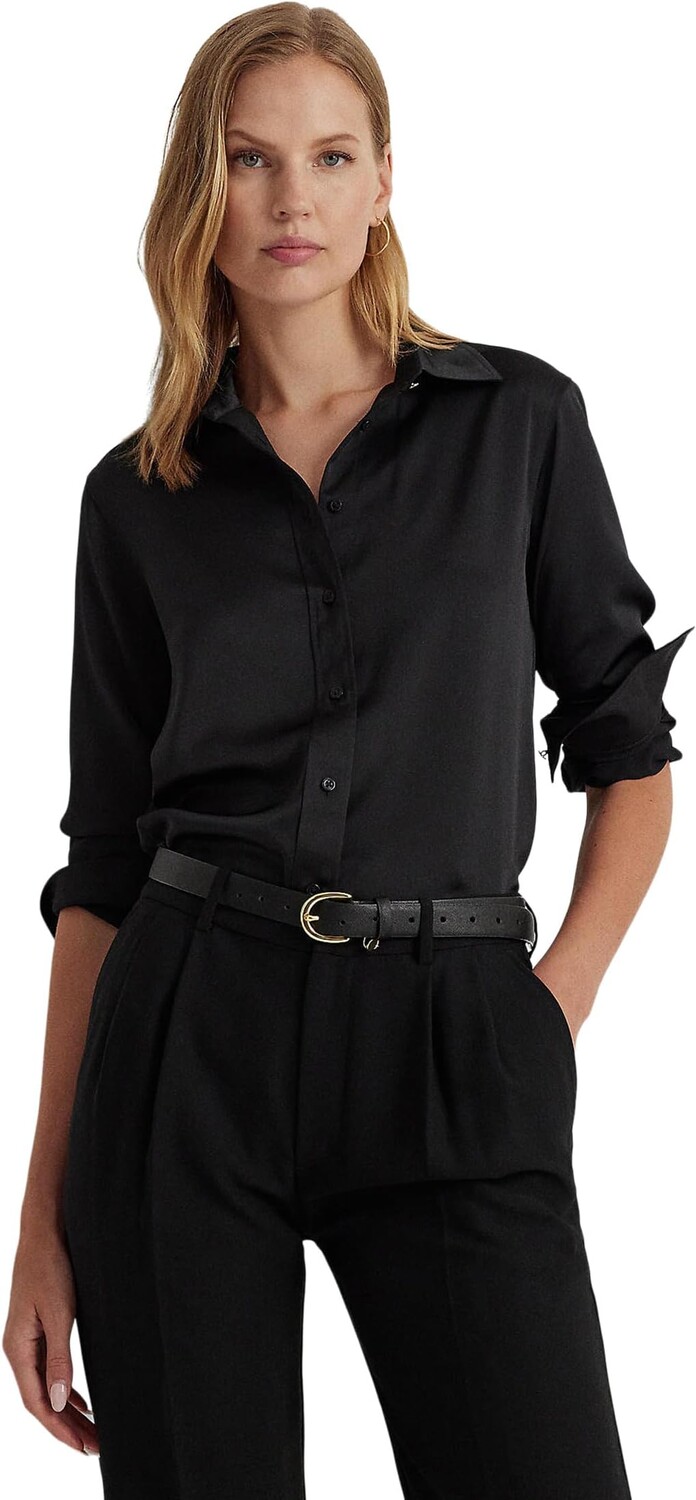 

Рубашка Lauren Ralph Lauren Petite Satin Charmeuse Shirt, черный