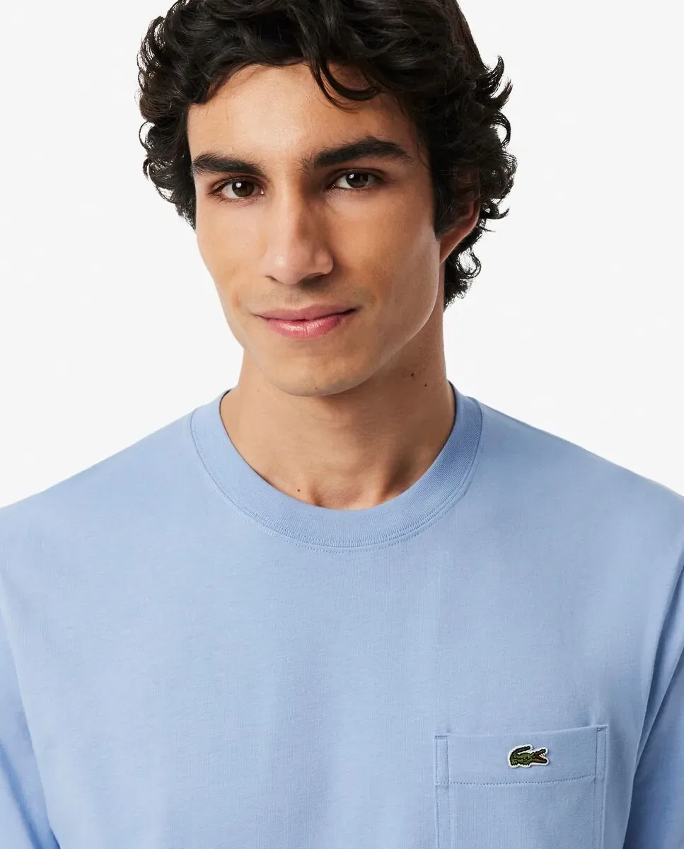 Мужская хлопковая футболка с коротким рукавом и карманом на груди Lacoste, светло-голубой — фото 3