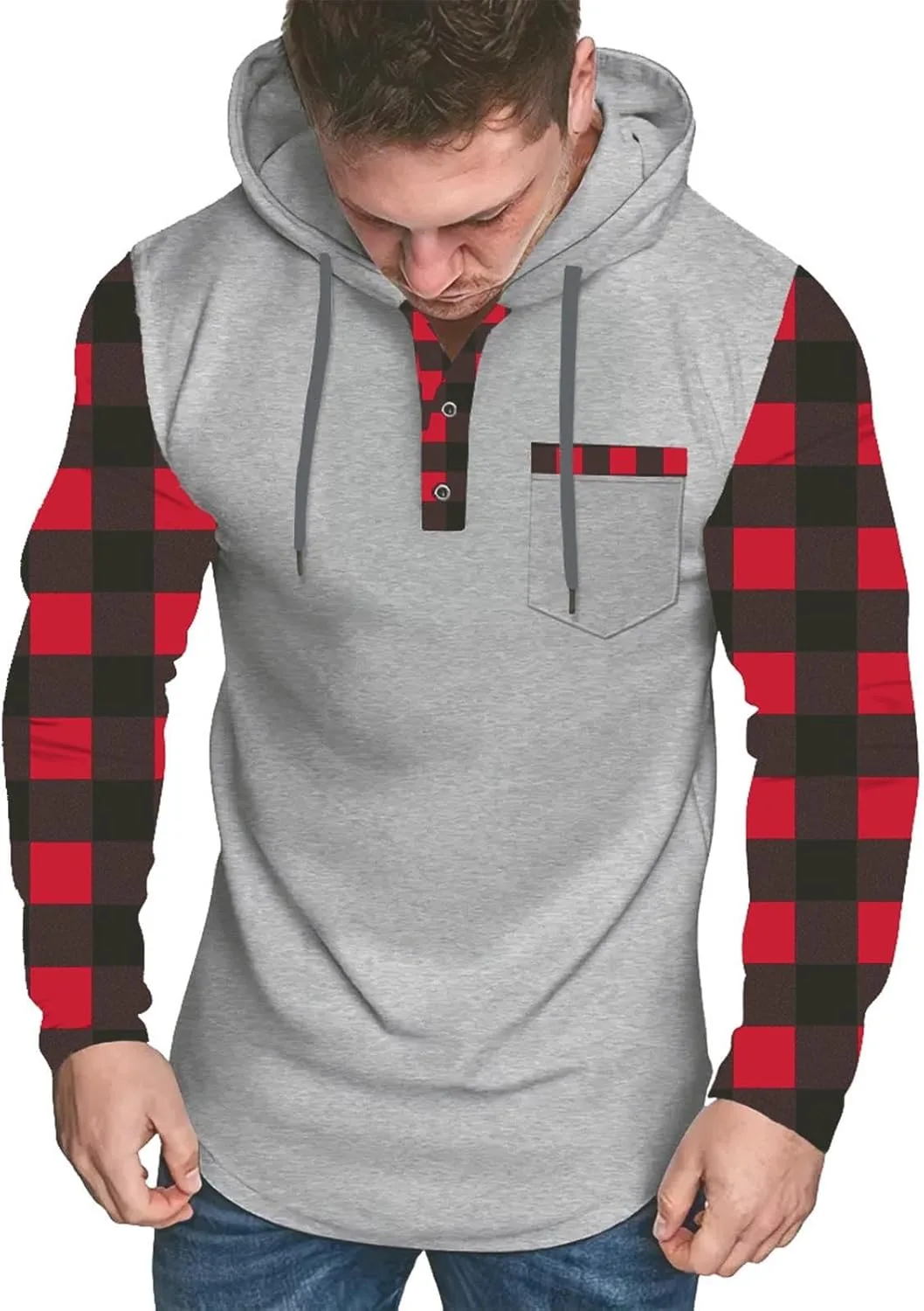 

Мужская худи на четверти пуговиц в клетку с длинным рукавом