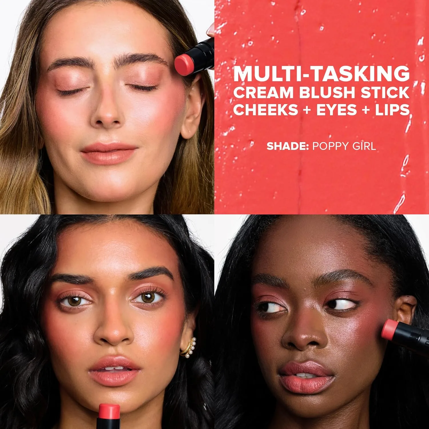 Nudestix Nudies Bloom All Over Dewy Color - 3-в-1 кремовая палочка для румян на щеки, глаза и губы со встроенной кистью, полупрозрачный глянцевый финиш, веганская стойкая косметика, Poppy Girl — фото 2
