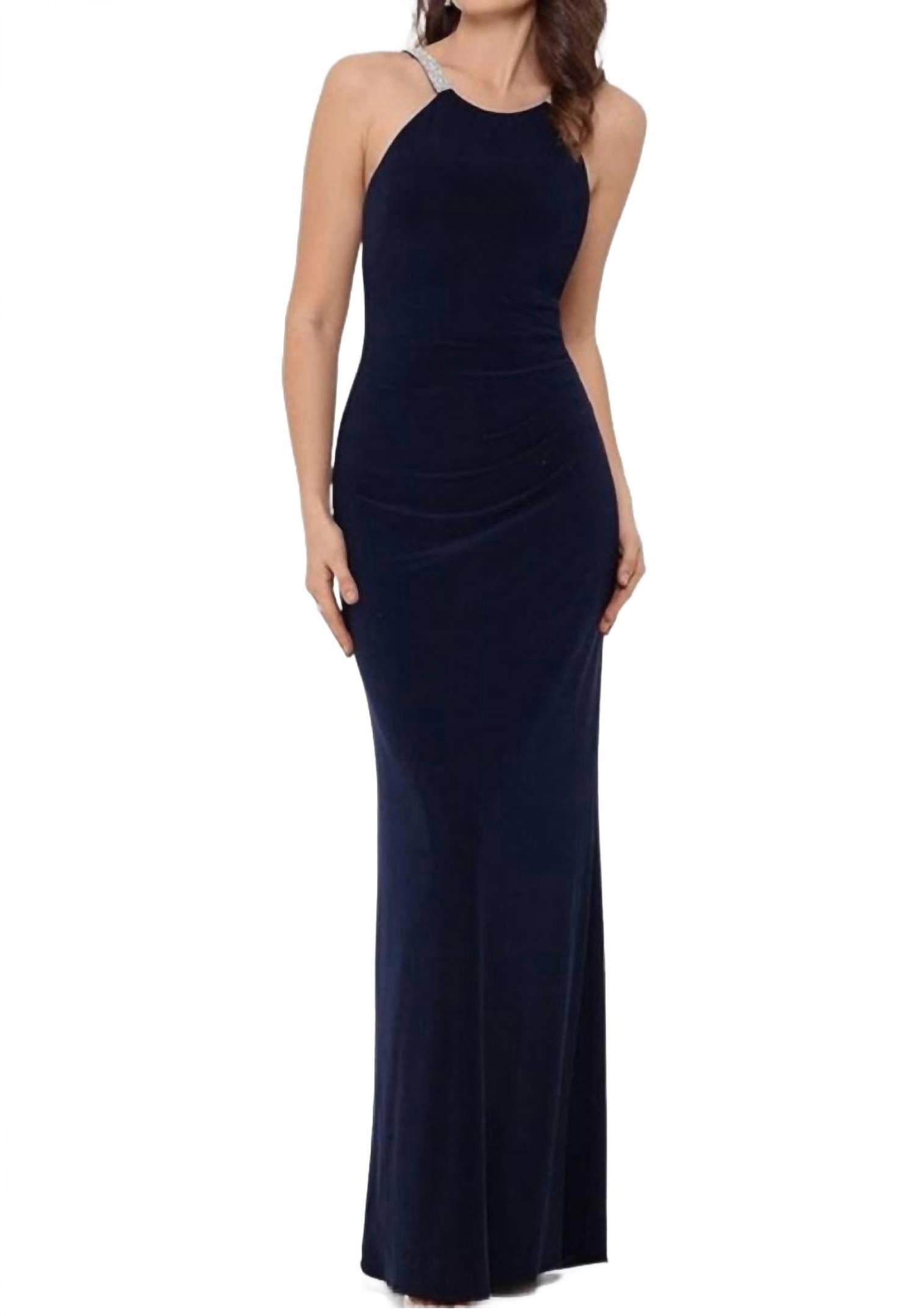 

Длинное вечернее платье с запахом и бретелями, украшенными стразами, в цвете "морская синь" Betsy & Adam