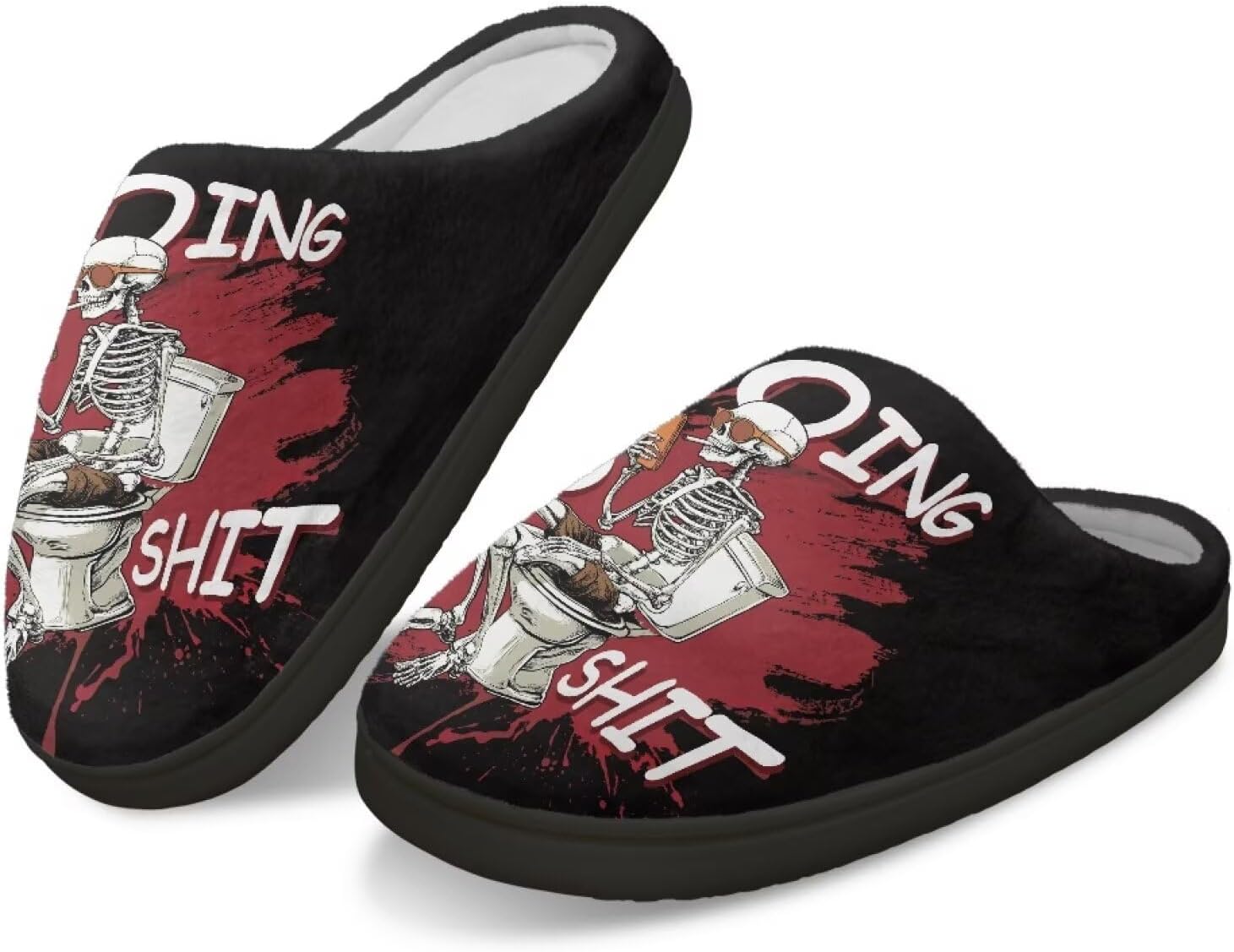 

Мужские зимние мягкие плюшевые тапочки Qoiuvncy, противоскользящие, пушистые, с рисунком черепа, уютные, теплые хлопковые обувь, размер US 2-12, Skeleton and Toilet