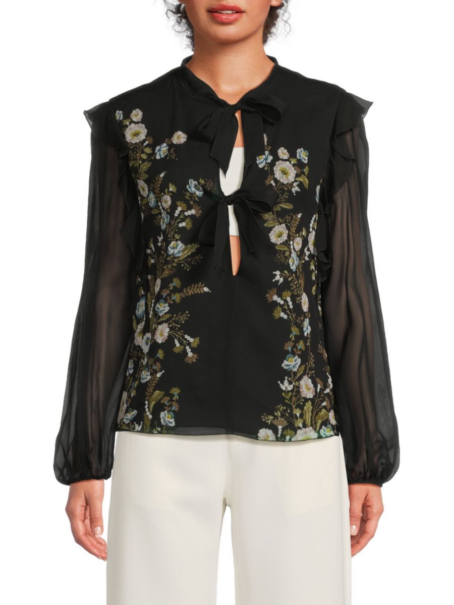 

Шелковая блузка с завязкой на шее и принтом Giambattista Valli, черный мульти