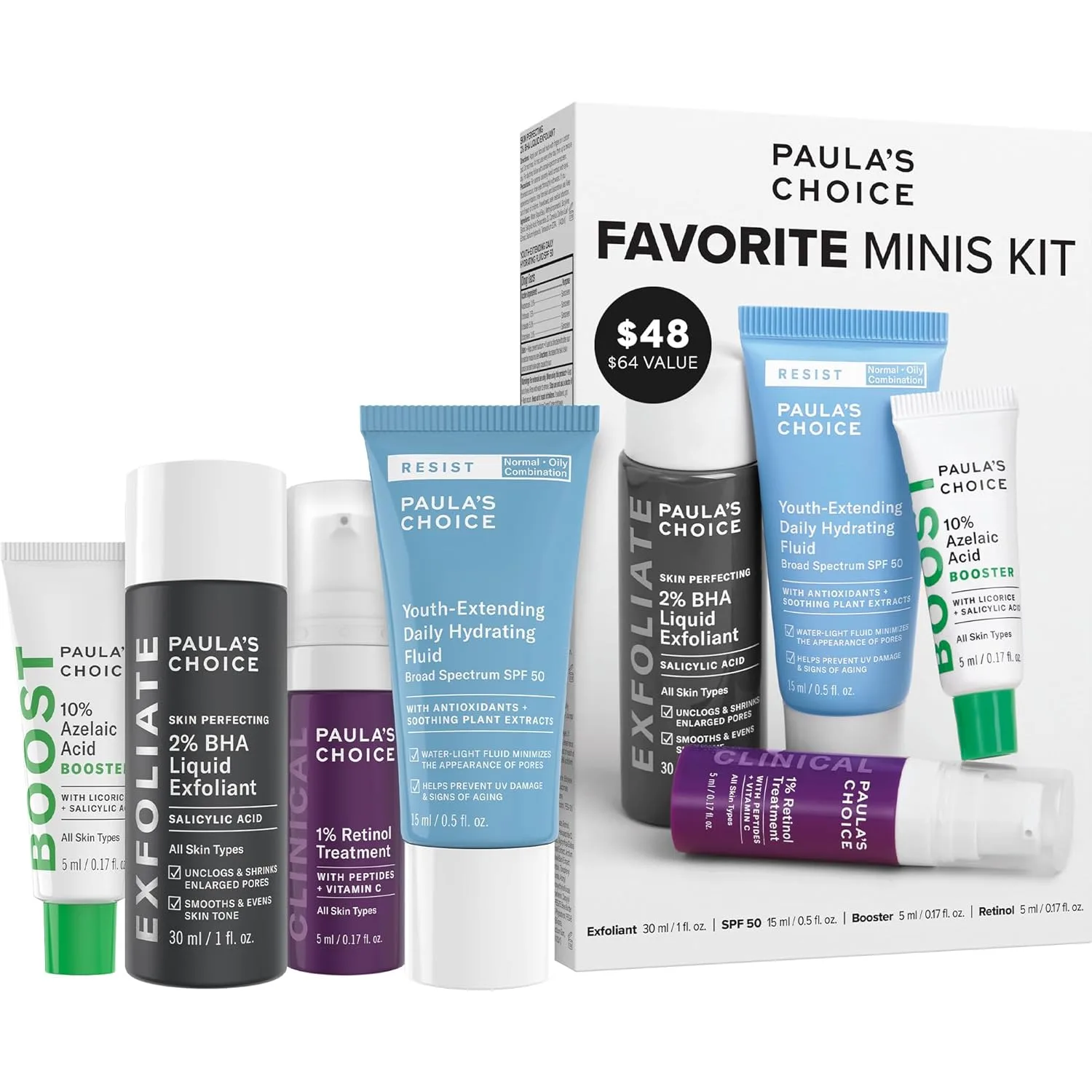 Paula's Choice Favorites Mini Kit, набор из 4 средств: 2% BHA эксфолиант, 1% ретинол, 10% азелаиновая кислота, увлажняющий крем с SPF 50