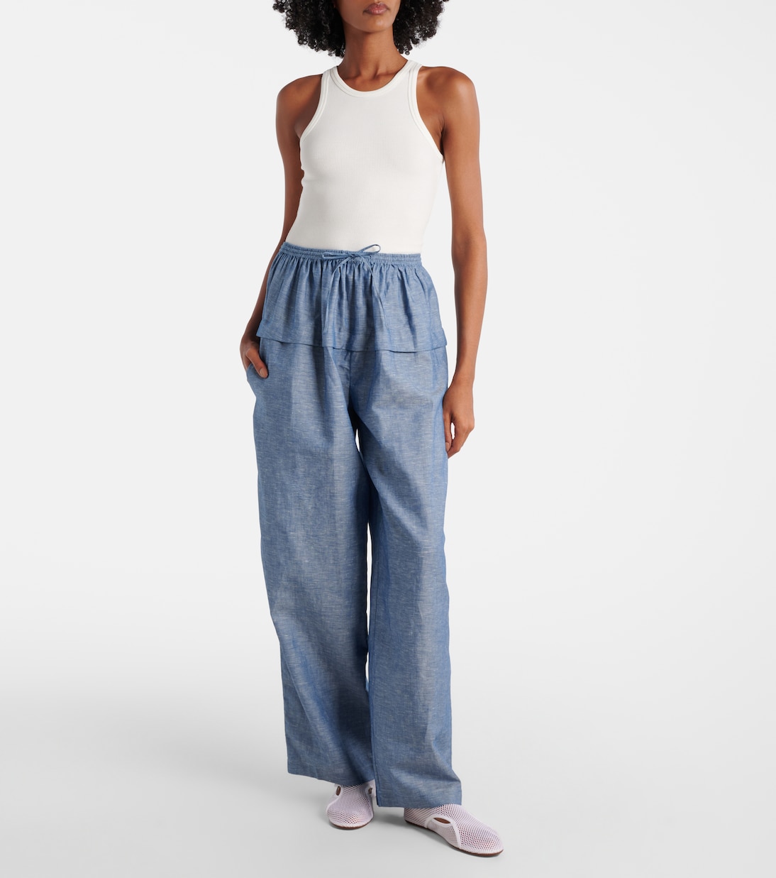 Широкие брюки из хлопка и льна Alaïa, Bleu Jeans — фото 2