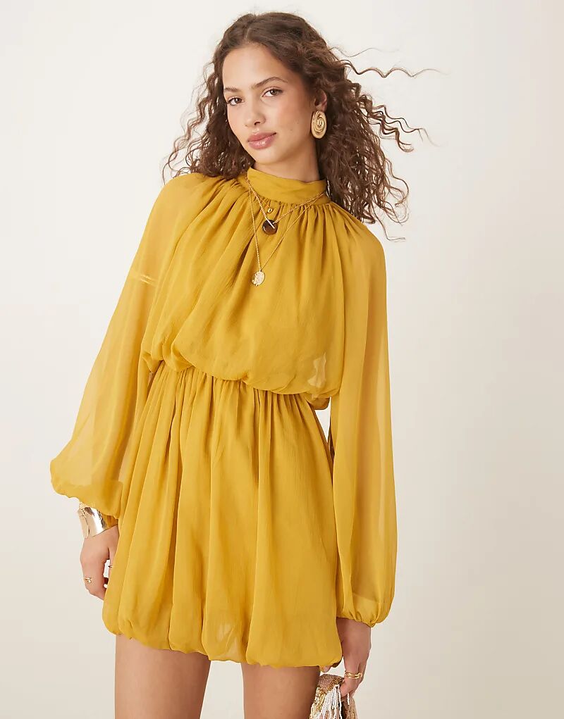 

Мини-платье-блузон ASOS DESIGN с длинными рукавами и юбкой цвета охры