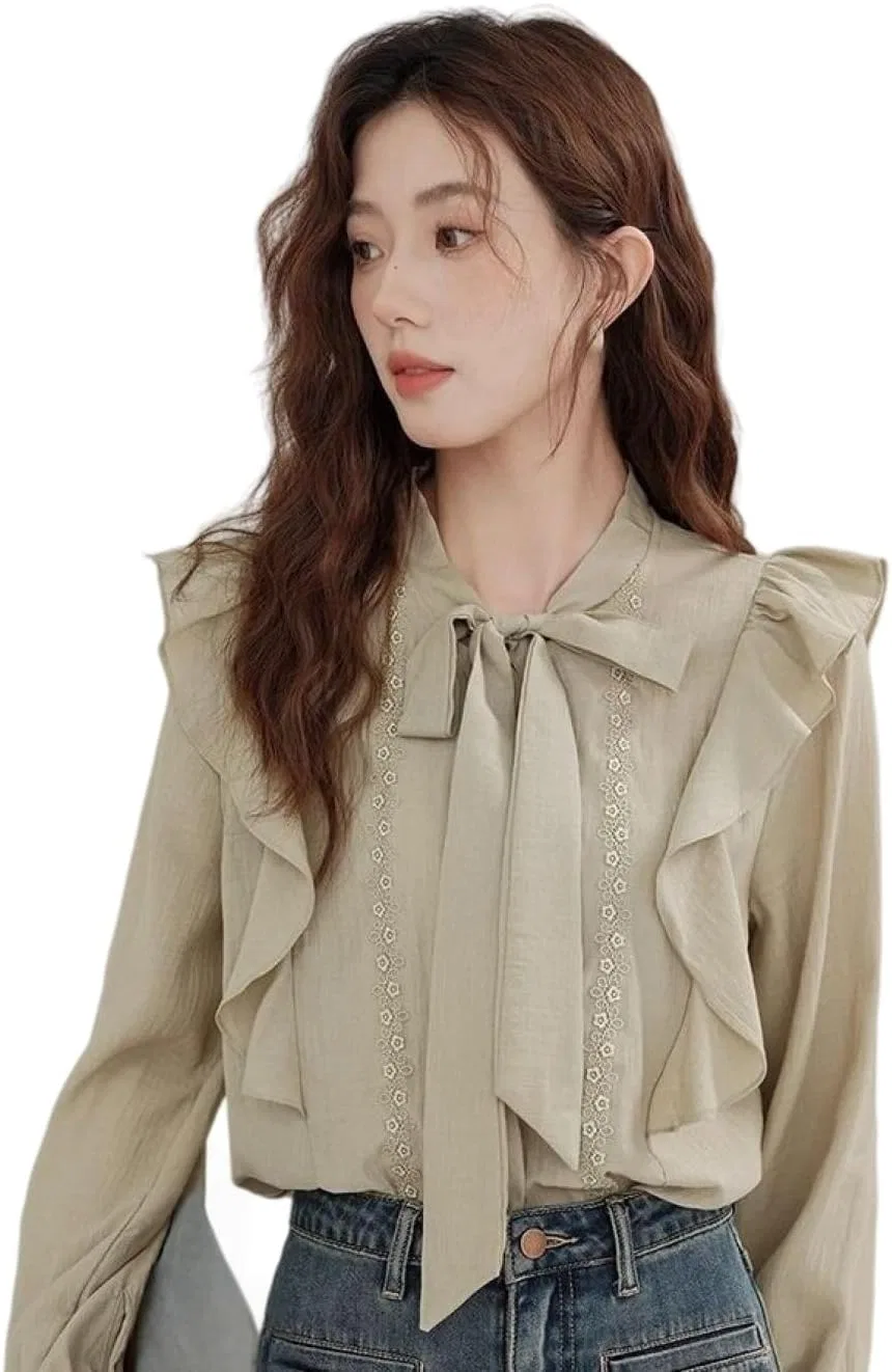 Блуза с кружевом и лентой, женская Bow Tie Blouse, зеленый