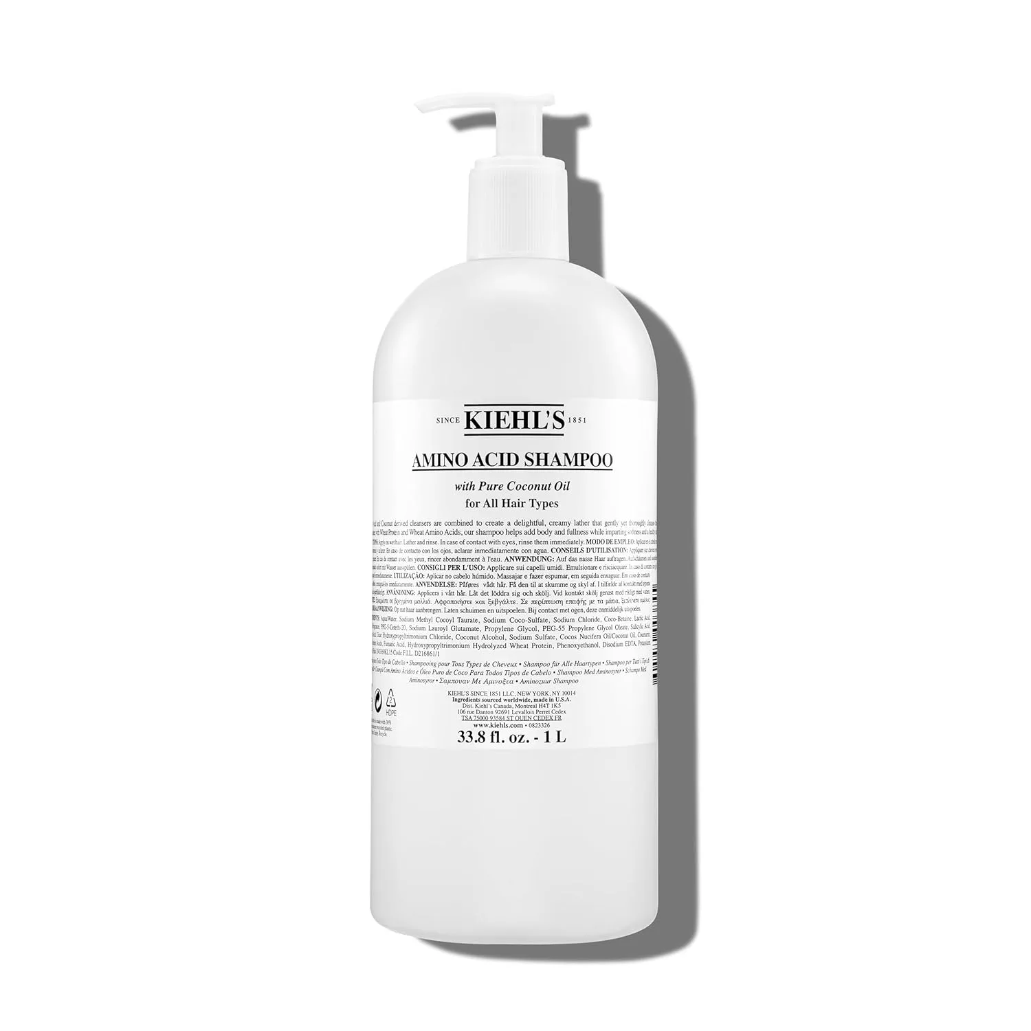 Шампунь Kiehl's с аминокислотами и кокосовым маслом очищает и укрепляет волосы, предотвращает ломкость, не снижая уровня увлажнения. Подходит для всех типов волос. Не содержит парабенов. 1000 мл / 1 литр