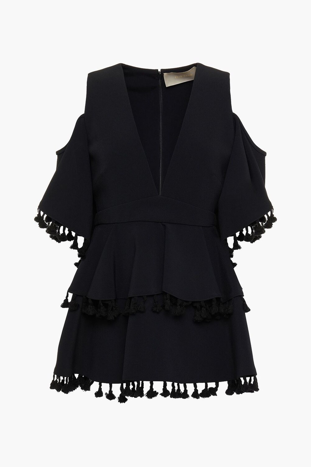 

Топ с баской из эластичного кади с открытыми плечами и кисточками ELIE SAAB, черный